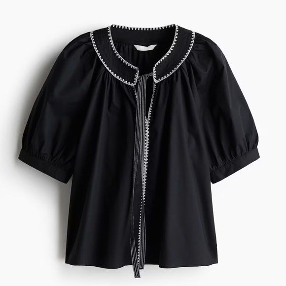 H&M Tops - H&M NWT Black Embroidered Blouse Puff Sleeve Contrast Stitch Boho Statement Top